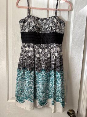 Max & Cleo Silk Mini Dress, Black, White & Teal, Spaghetti Straps , Size 6